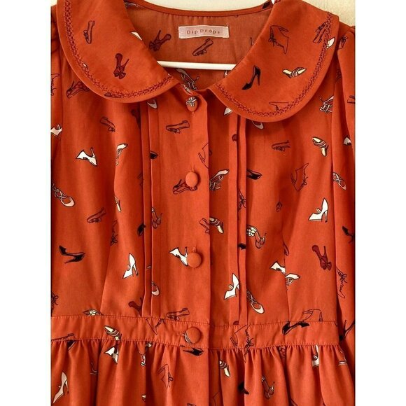 Dip Drop Japan Design Long Sleeve Cover Button Pleated Bodice Knee Length Dress - Picture 2 of 11